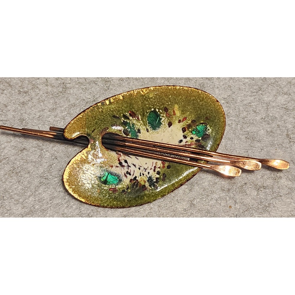 Vtg Matisse Renoir Copper Enamel Artist Palette Brooch Pin Green MCM READ